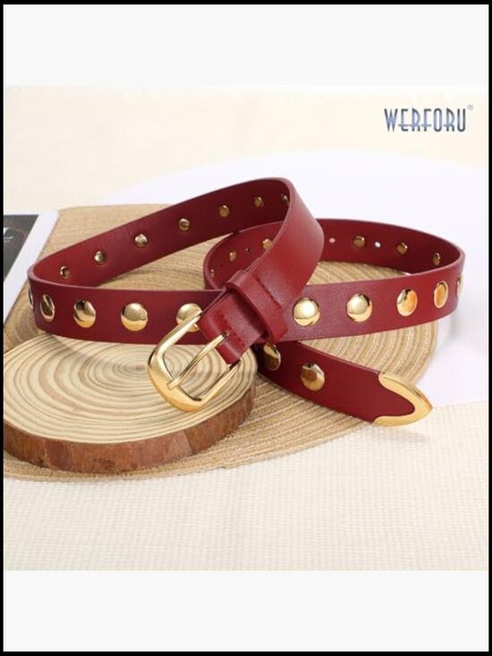 Faux Leather Studded Belt with Gold Buckle for Jeans Dress Punk main image 5